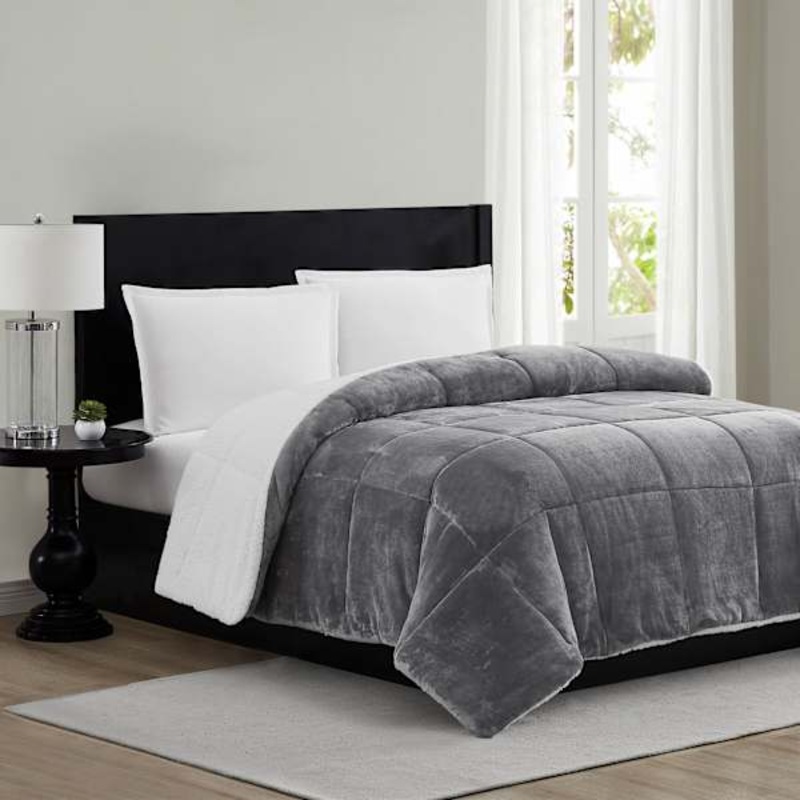 Solid Grey Sherpa Comforter, Full/Queen