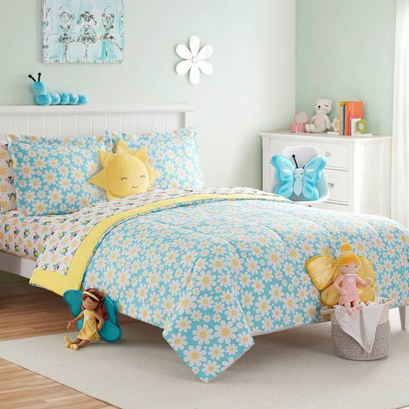 Tiny Dreamers 2-Piece Fairy Garden Blue Daisy Print Comforter Set, Twin