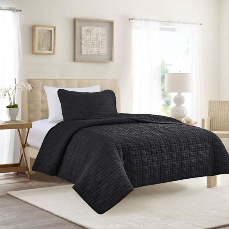 2-Piece Black Grid Washed Microfiber Quilt Set, Twin/Twin XL