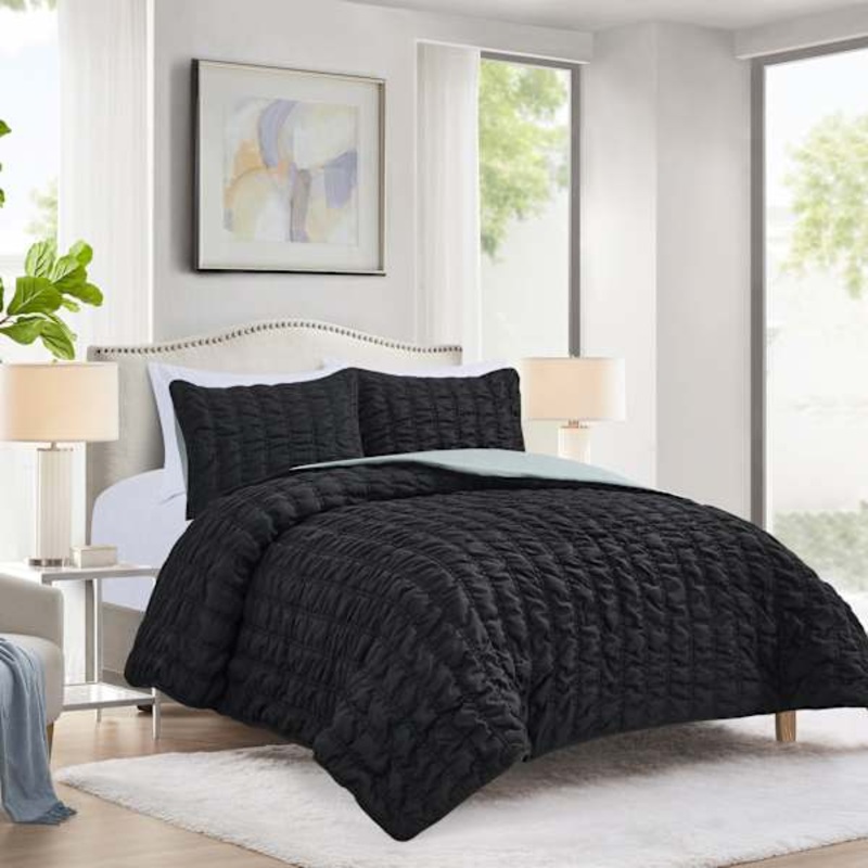 3-Piece Black Channel Microfiber Quilt Set, Full/Queen