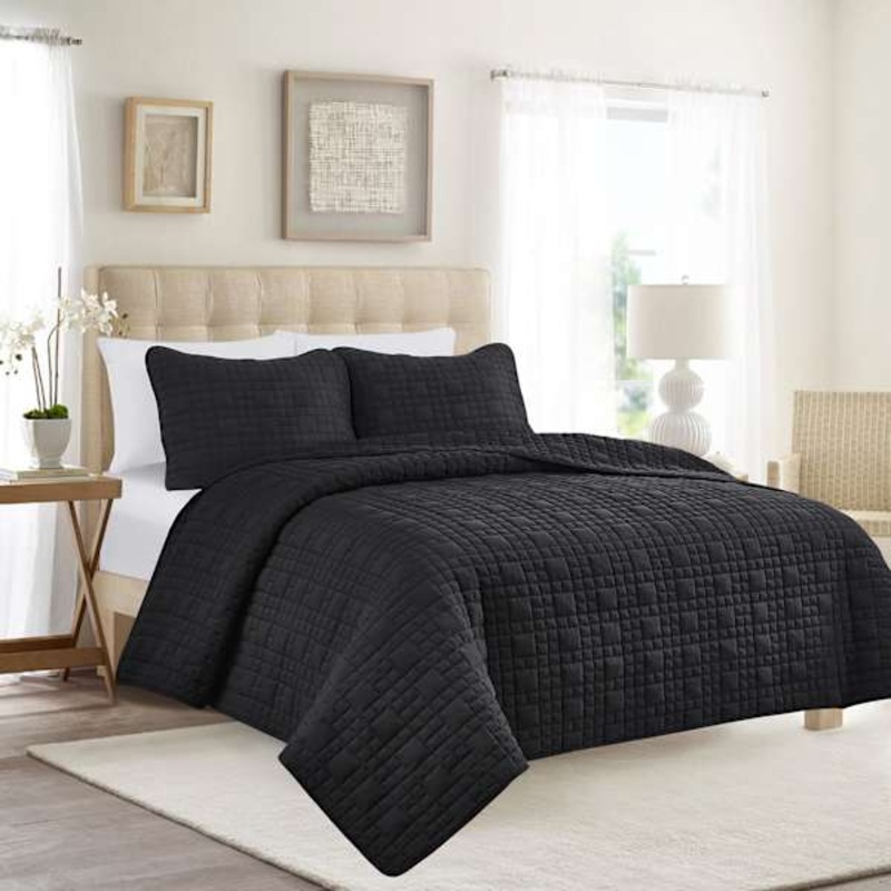 3-Piece Black Grid Washed Microfiber Quilt Set, Full/Queen
