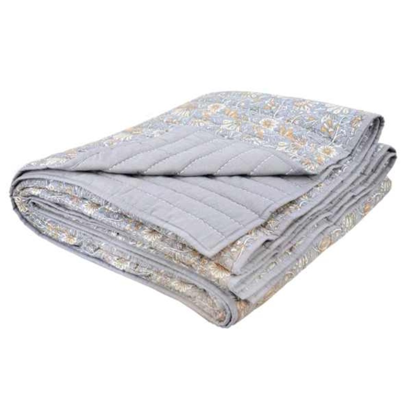 3-Piece Blue Floral Printed Cotton Quilt Set, Full/Queen