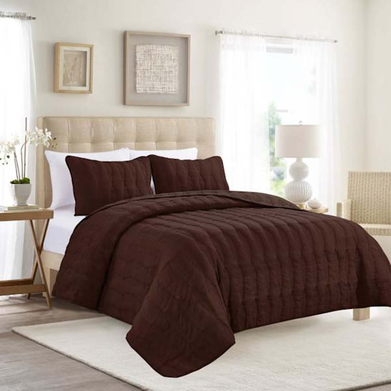 3-Piece Brown Embroidered Washed Microfiber Quilt Set, Full/Queen