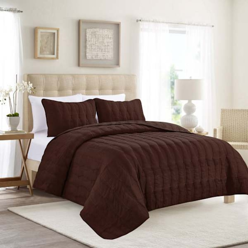 3-Piece Brown Embroidered Washed Microfiber Quilt Set, King