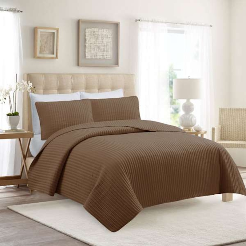 3-Piece Brown Washed Microfiber Quilt Set, King
