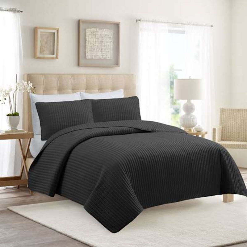 3-Piece Dark Grey Washed Microfiber Quilt Set, Full/Queen