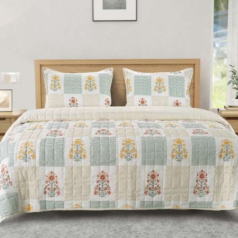 3-Piece Floral Block Print Gauze Quilt Set, Full/Queen