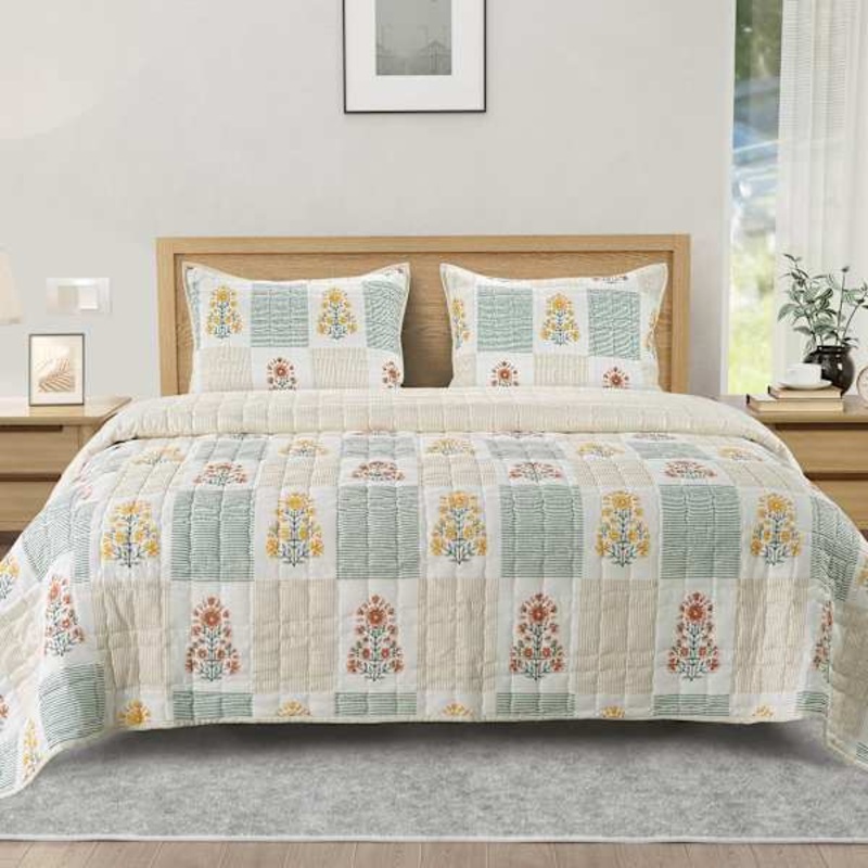 3-Piece Floral Block Print Gauze Quilt Set, King