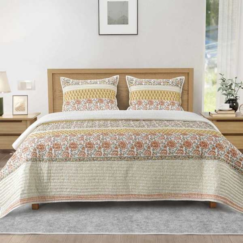 3-Piece Floral Stripe Printed Cotton Percale Quilt Set, Full/Queen