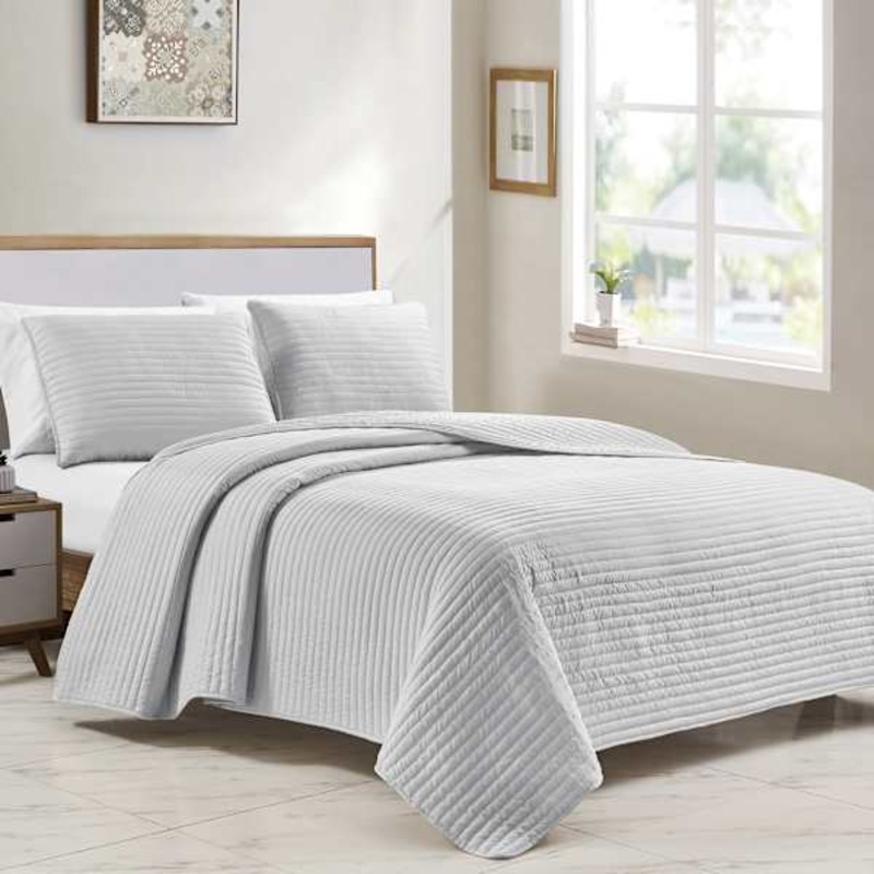 3-Piece Grey Striped Quilt Set, King