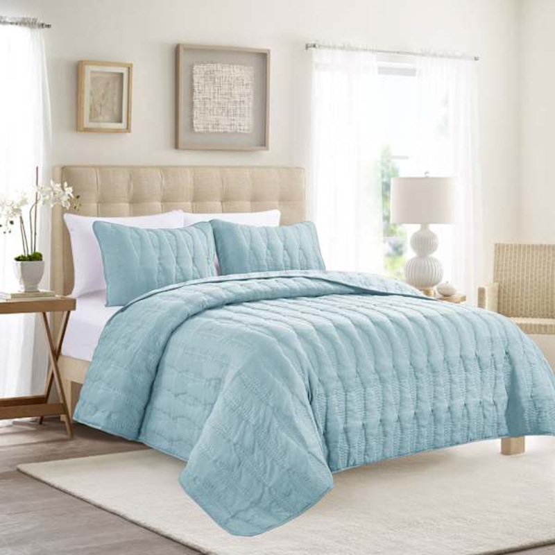 3-Piece Light Blue Embroidered Washed Microfiber Quilt Set, Full/Queen