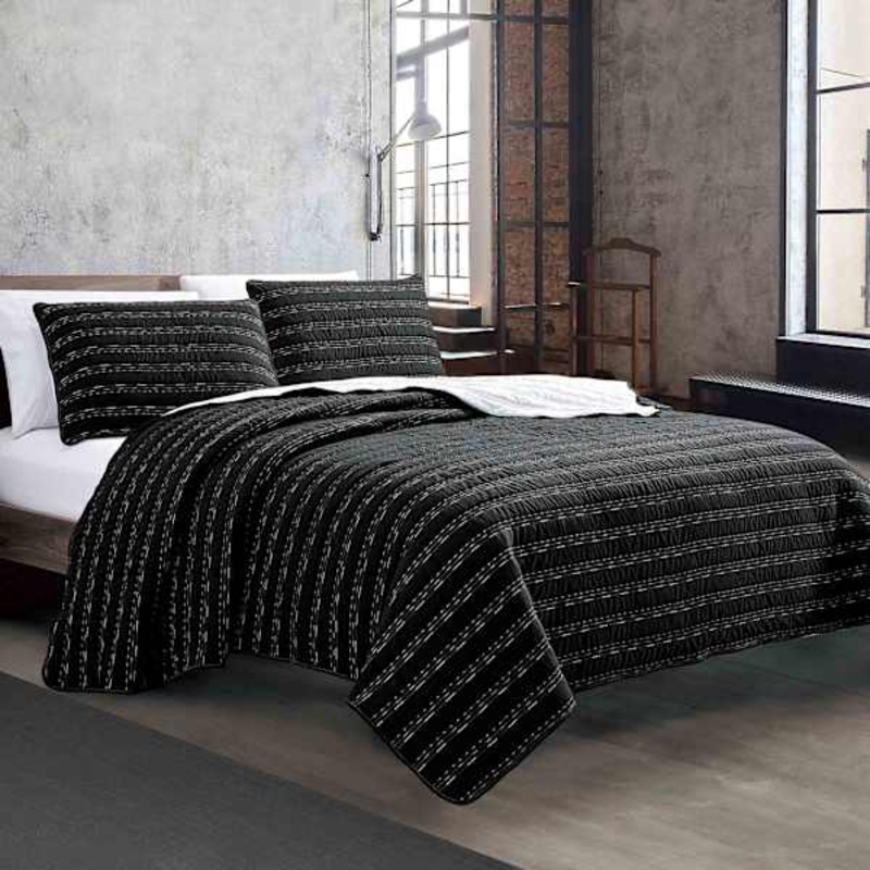 3-Piece Storm Black Cotton Quilt Set, Queen