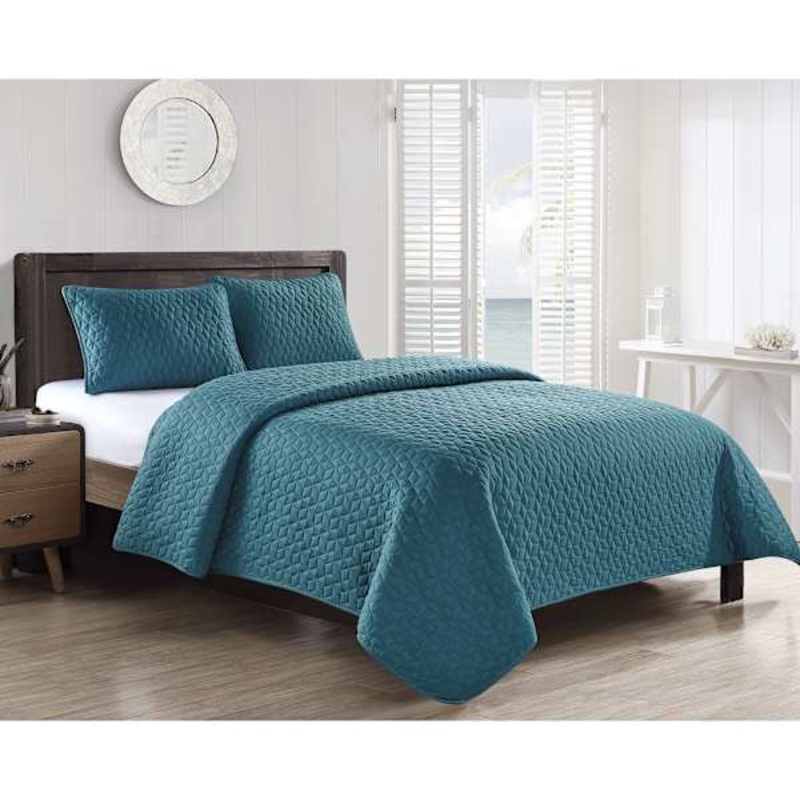 3-Piece Turquoise Hector Stitch Quilt Set, Full/Queen