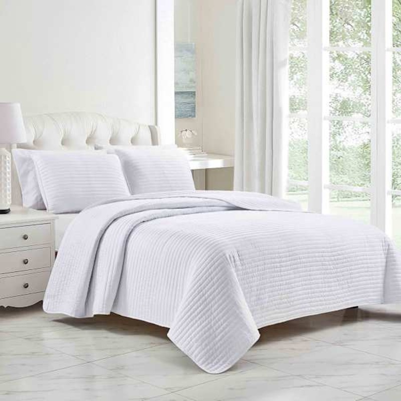 3-Piece White Striped Quilt Set, Queen