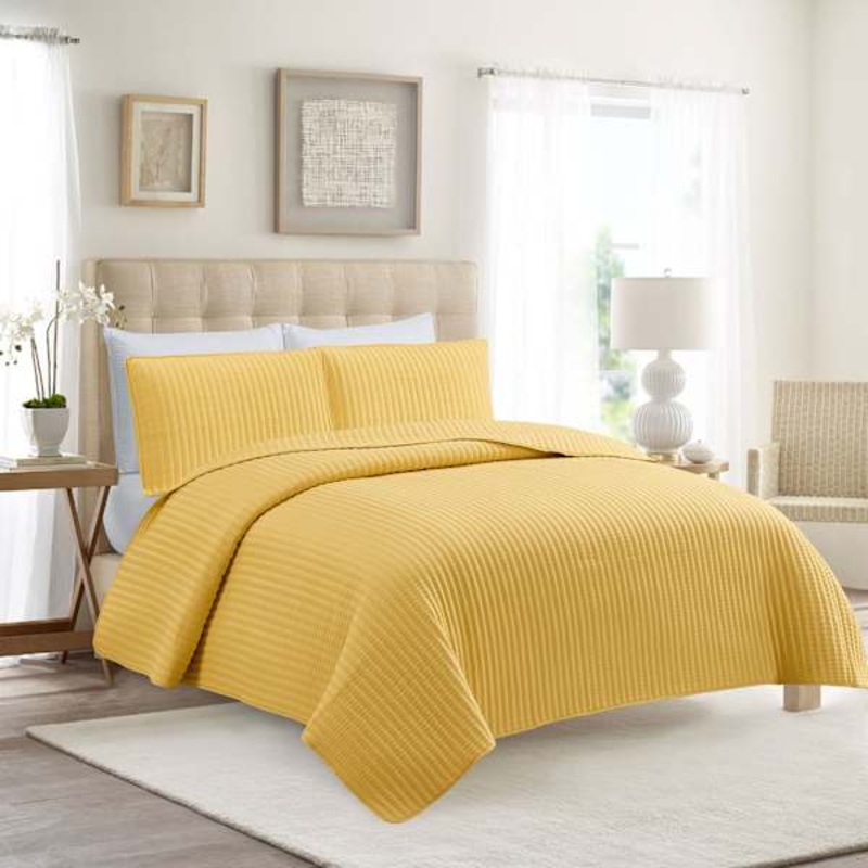 3-Piece Yellow Washed Microfiber Quilt Set, Full/Queen