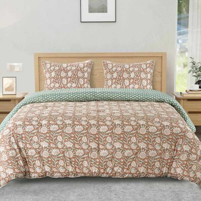 3-Piece Floral Print Cotton Percale Comforter Set, Full/Queen