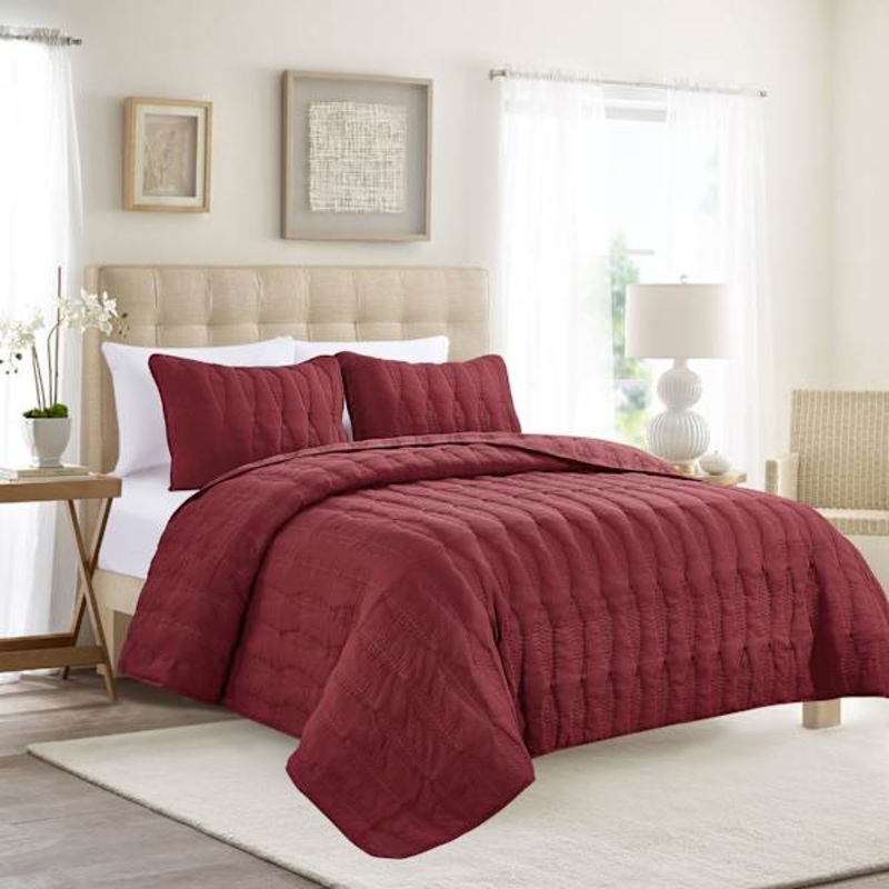 3-Piece Red Embroidered Washed Microfiber Quilt Set, Full/Queen