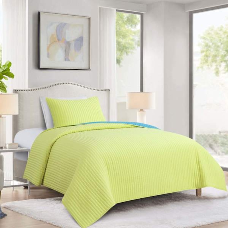 Tiny Dreamers 2-Piece Blue & Green Washed Microfiber Reversible Quilt Set, Twin/Twin XL