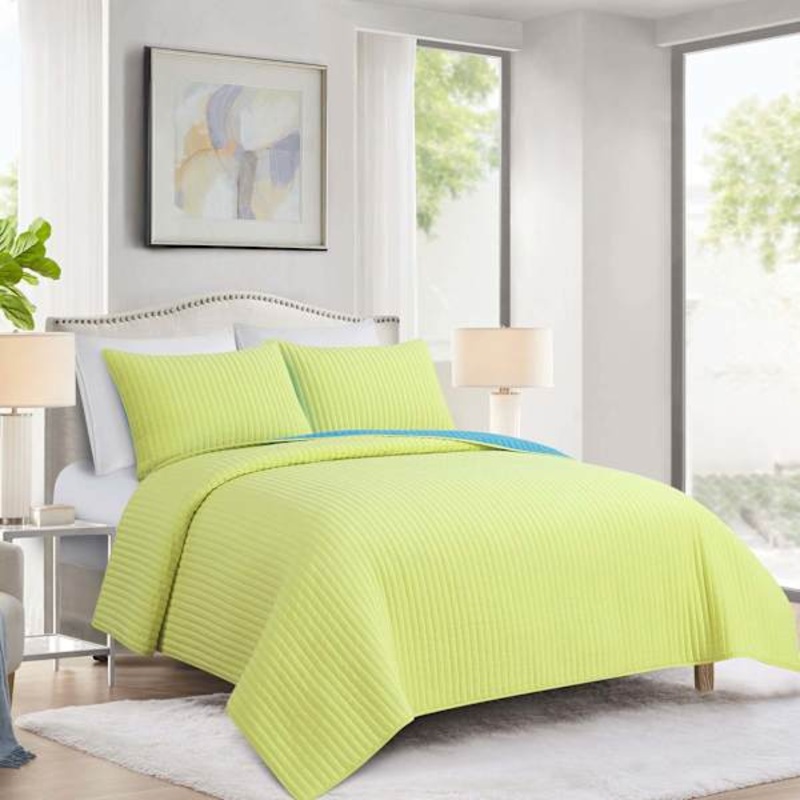 Tiny Dreamers 3-Piece Blue & Green Washed Microfiber Reversible Quilt Set, Full/Queen