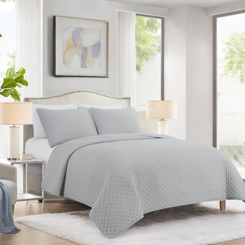 Tiny Dreamers 3-Piece Grey Washed Pinsonic Quilt Set, Full/Queen