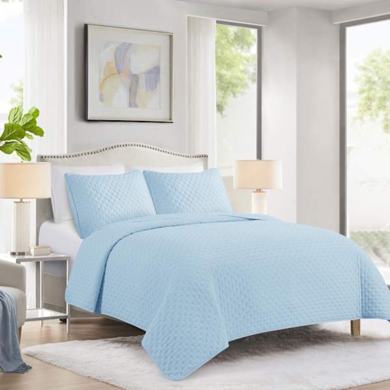Tiny Dreamers 3-Piece Light Blue Washed Pinsonic Quilt Set, Full/Queen