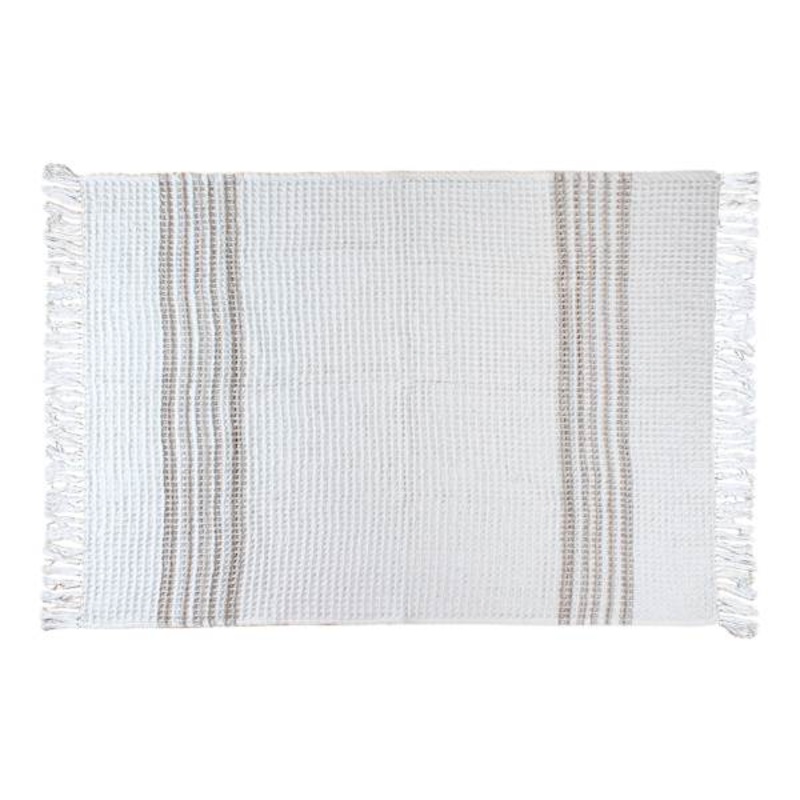 White Waffle Natural Striped Fringe Throw Blanket, 50×60