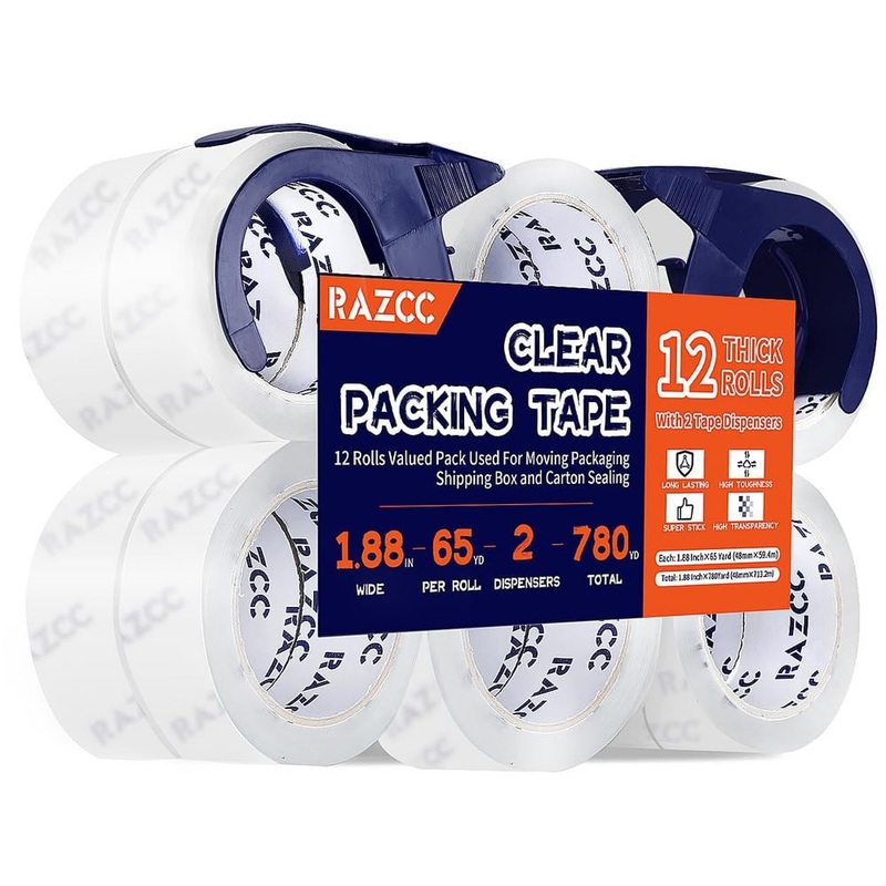 Angel Sar 1.88 in. x 65 Yards 12 Rolls Clear Heavy Duty Packaging Tape, Packing Tape with Dispensers for Packing Shipping Moving BD94JT18