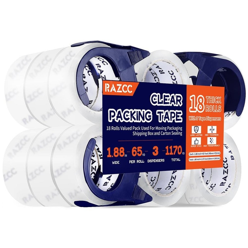 Angel Sar 1.88 in. x 65 Yards 18 Rolls Clear Heavy Duty Packaging Tape, Packing Tape with Dispensers for Packing Shipping Moving DJ67IU27