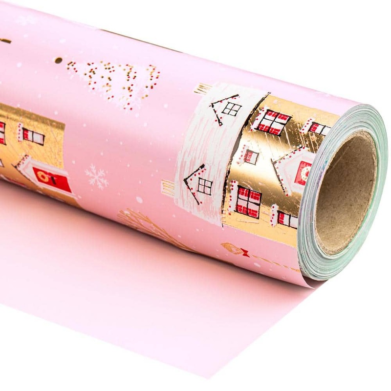 Angel Sar 17 in. x 33 ft. Christmas Wrapping Paper, Pink House and Solid Pink Design Roll for Chrsitmas Holiday Party Celebration MW88KY73