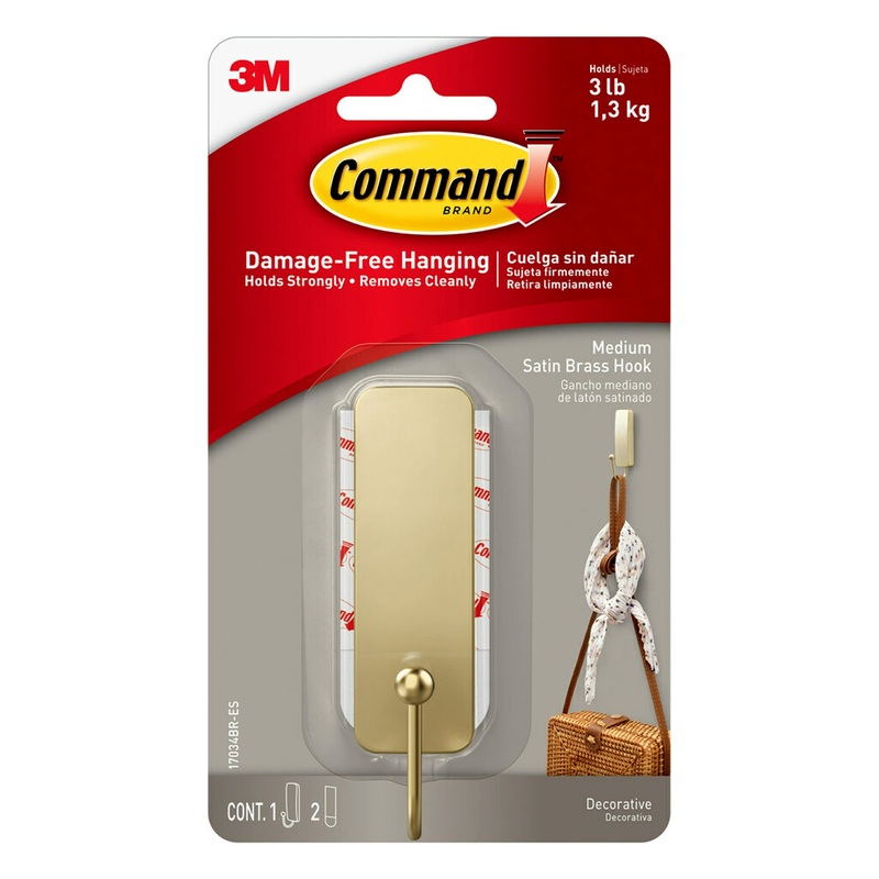 Command Medium Decorative  Damage Free Hanging Wall Hooks with Adhesive Strips  No Tools Wall Hooks for Hanging Decorations in Living Spaces  1 Satin Brass Hook and 2 Command Strips