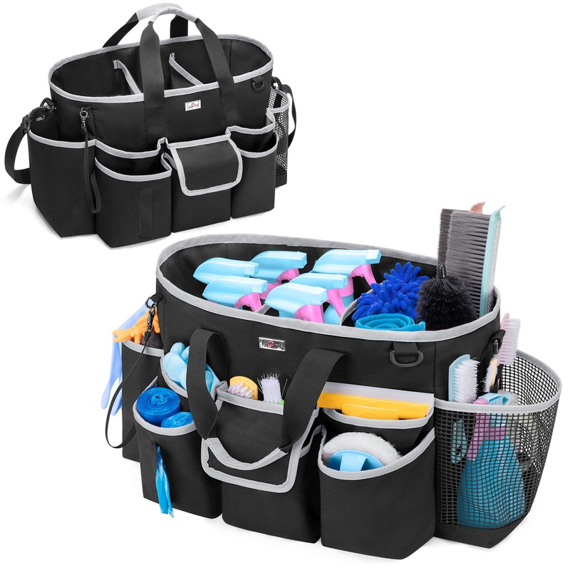 LoDird Cleaning Caddy Bag with 3 Compartments and Multifunctional Pockets Cleaning Supplies Organizer for Cleaning Work with Handle and Shoulder Strap Black and Grey
