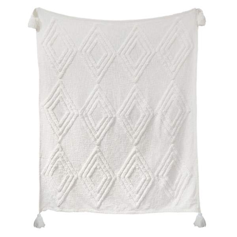 Tracey Boyd White Cotton Tufted Diamond Throw Blanket, 50×60
