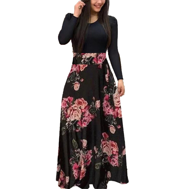 Women’s Elegant Round Collar Dress Maxi Dress Swing Party Dress Cocktail Dress, Floral Print, Long Sleeve, Tunic Dress, Long Dress 4XL Pink 2