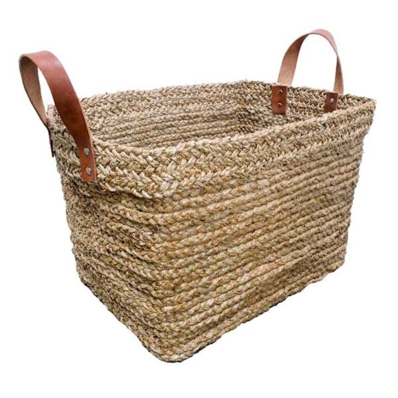 Austin Rectangle Seagrass Storage Basket with Leather Handles, Medium