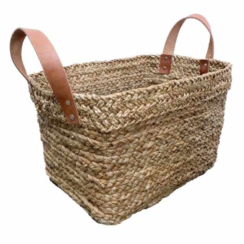 Austin Seagrass Storage Basket with Leather Handles, Small