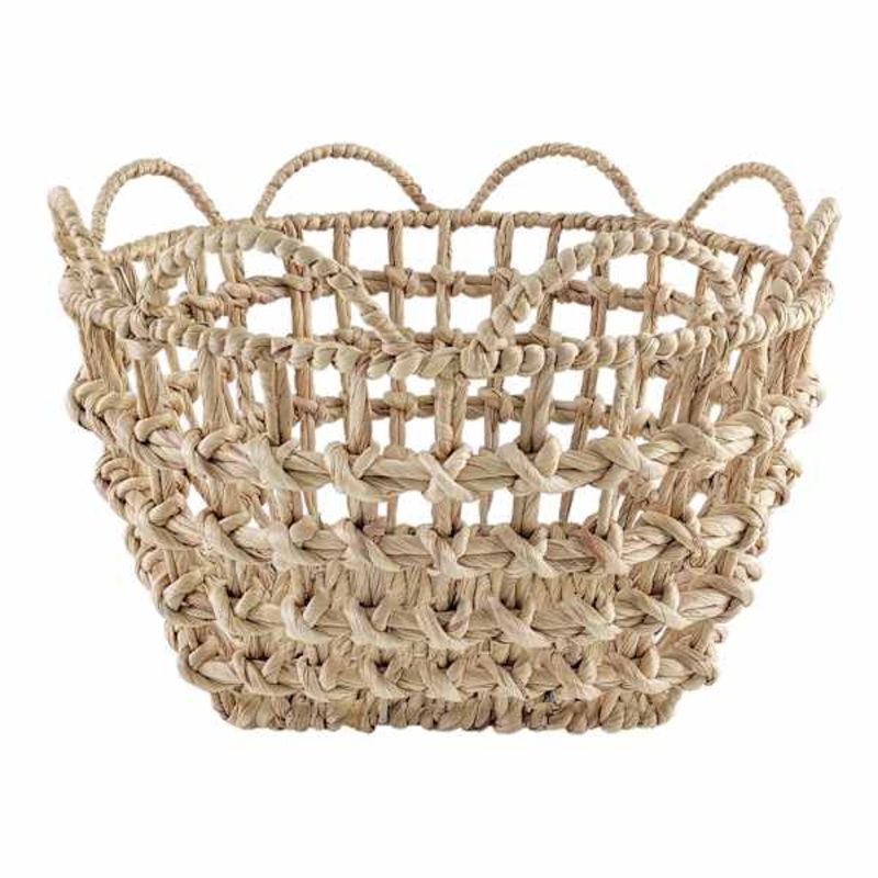 Braided Water Hyacinth Basket with Scalloped Edge, Large