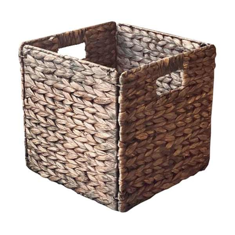 Brown Arrow Weave Water Hyacinth Storage Basket with Cutout Handles, 10.5″