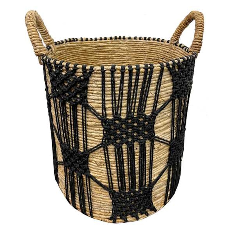 Round Abaca with Black Macrame Storage Basket, Large
