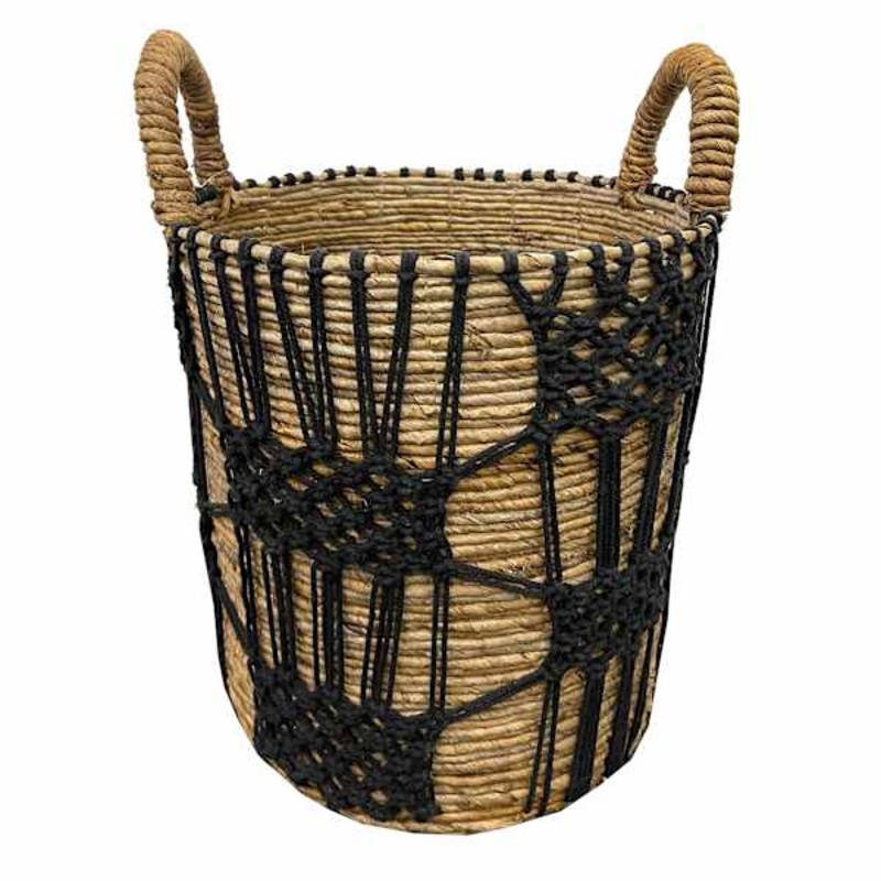 Round Abaca with Black Macrame Storage Basket, Medium