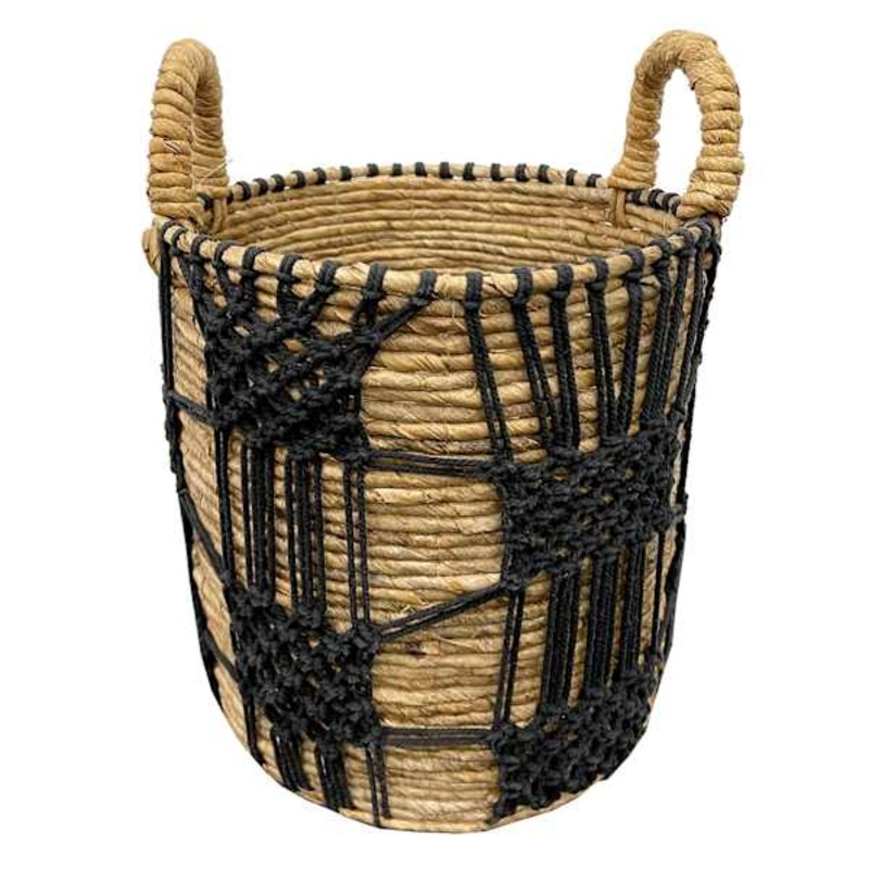 Round Abaca with Black Macrame Storage Basket, Small