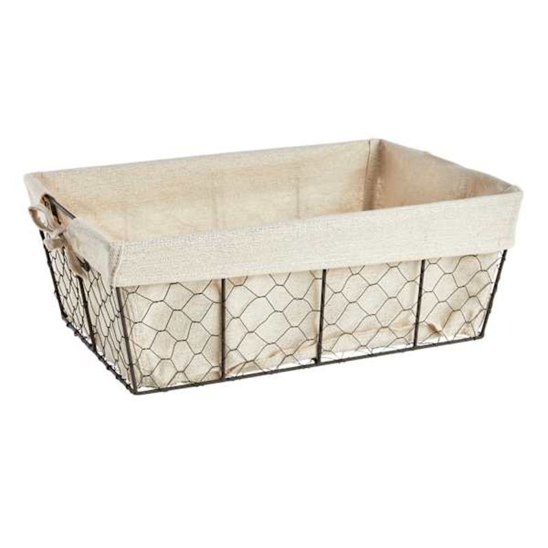 Metal Wire Storage Basket with Burlap Liner, Large