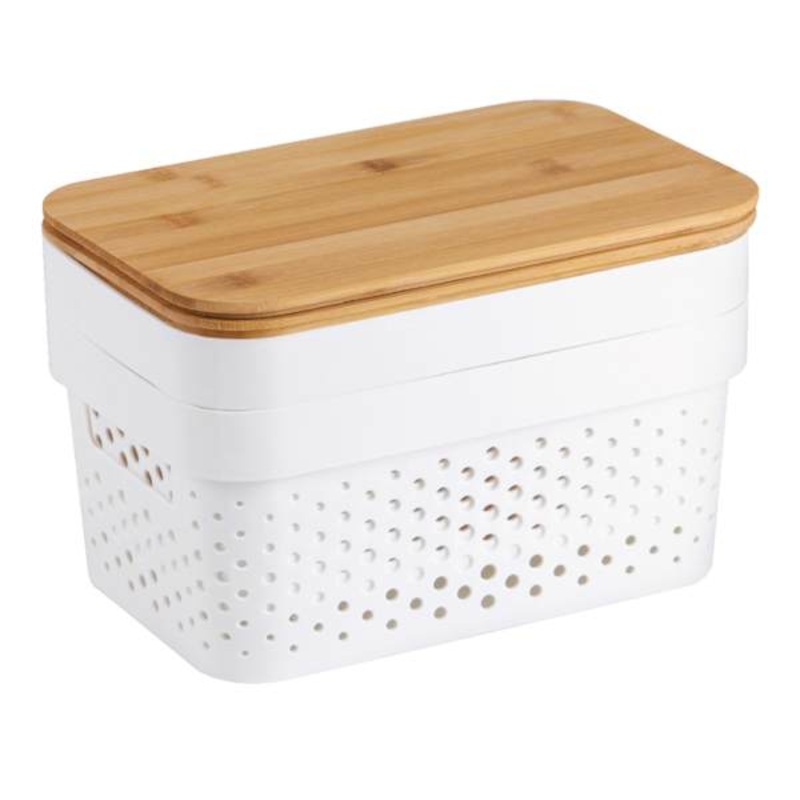 2-Pack White Storage Bin with Bamboo Lid, Small