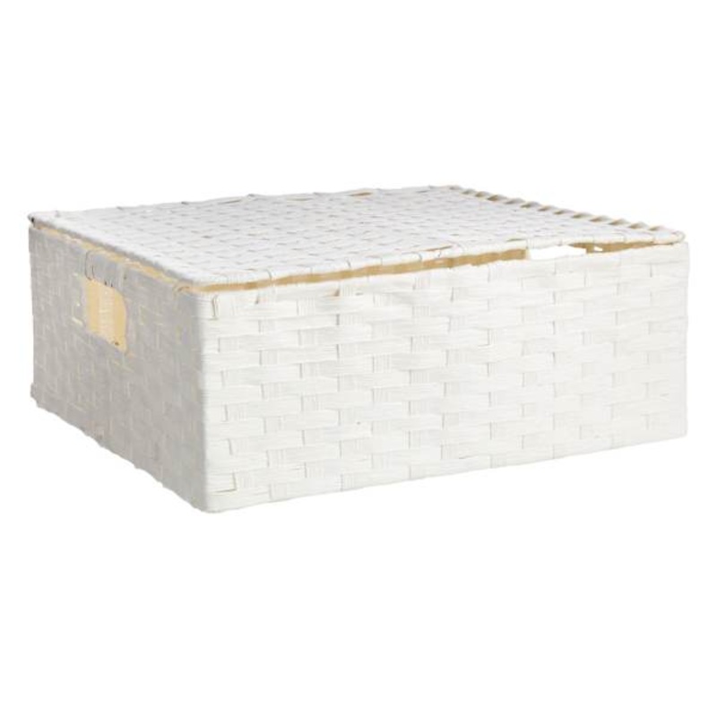 White Paper Rope Rectangle Storage Basket with Lid, Medium