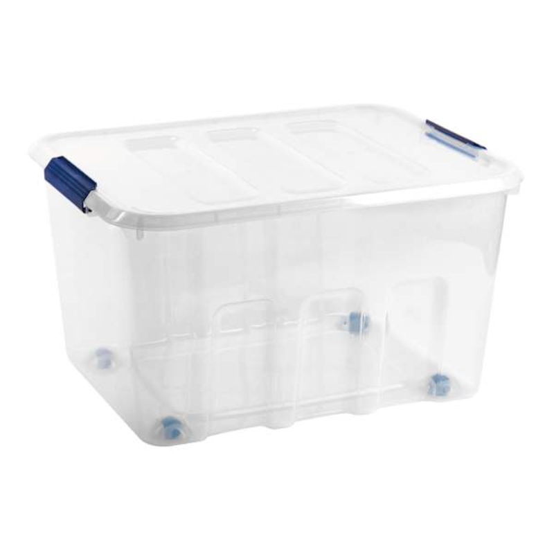 Blue Latch Clear Storage Bin with Wheels, 52l