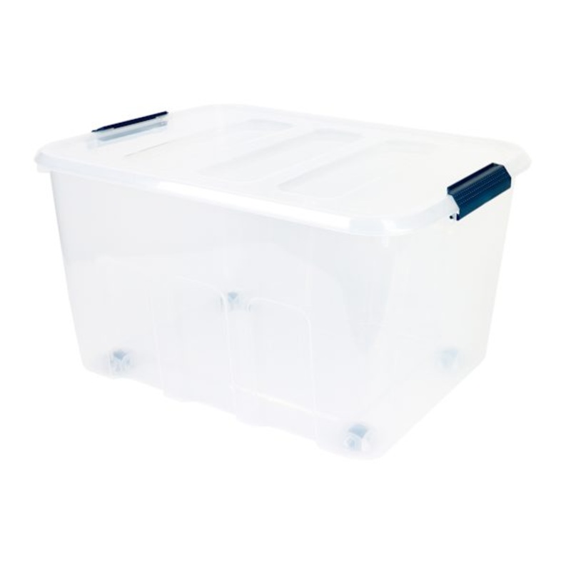 Clear Storage Tote with Navy Handles, 90l