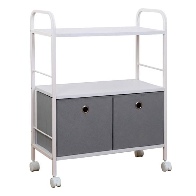 2-Tier Metal & Wood Cart with 2 Modular Cubes, White
