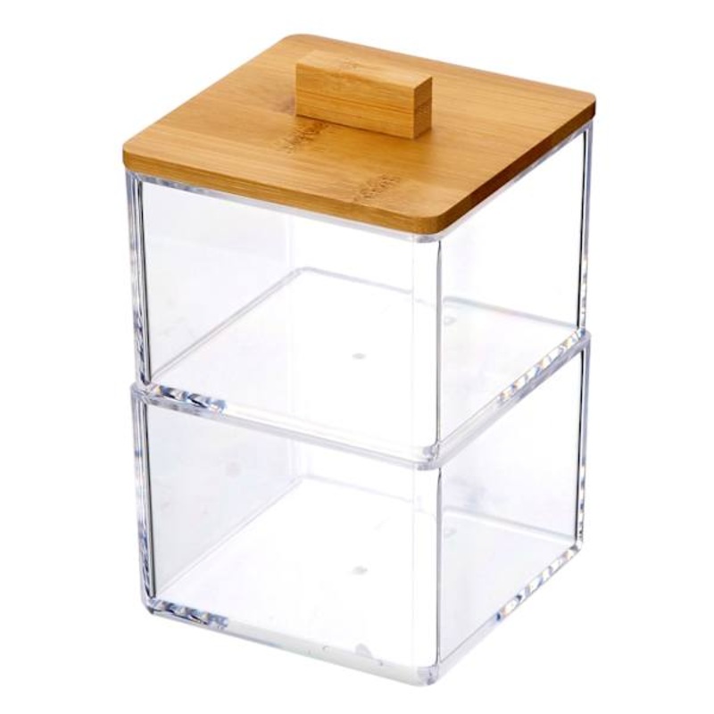 2-Tier Square Clear Cosmetic Organizer with Bamboo Lid