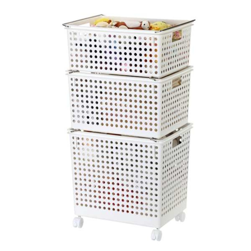 3-Piece White Stackable Storage Basket with Wheels