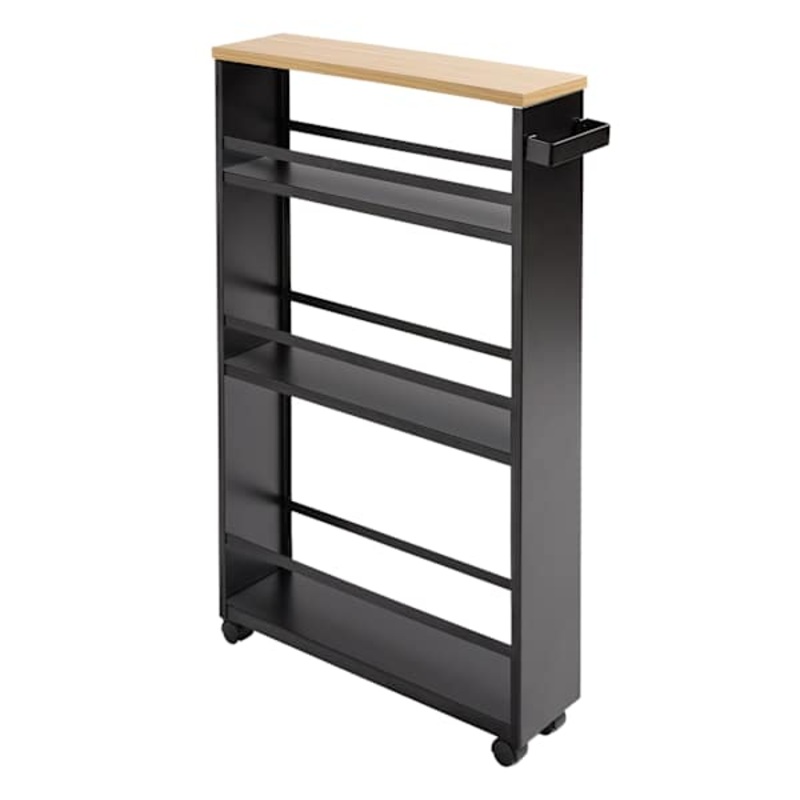 3-Shelf Slim Storage Cart with Bamboo Top, Black
