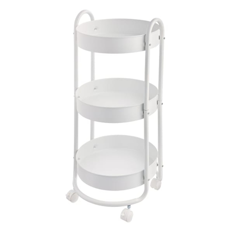 3-Tier Round Metal Rolling Cart, White
